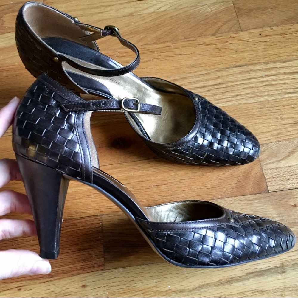 Antonio Melani Woven Leather Bronze Ankle Strap Pumps - Women's 10